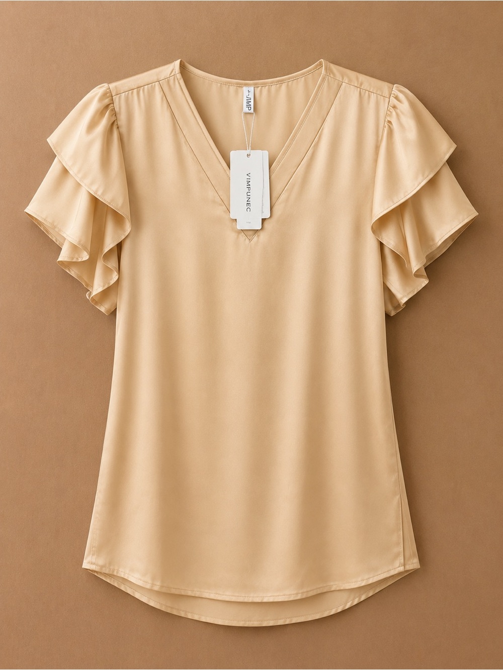 Vimpunec Light Beige V-Neck Flutter Sleeve Blouse